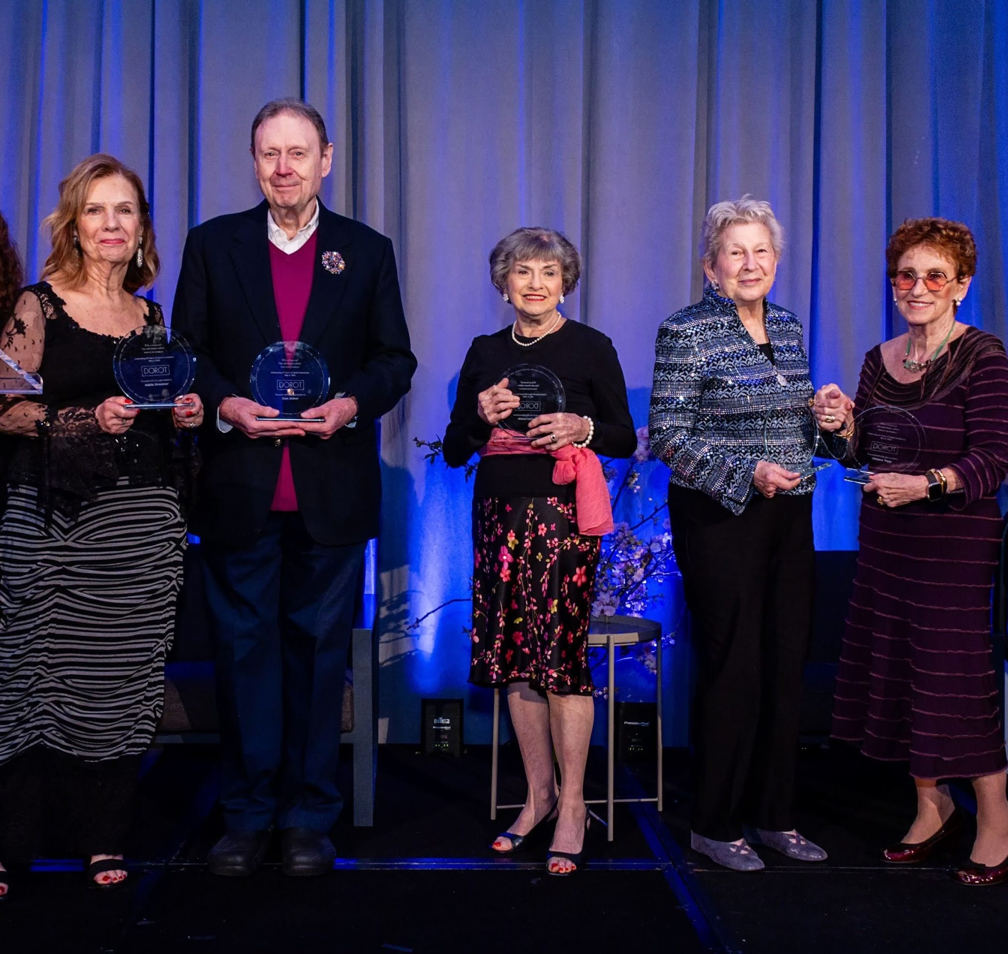 Five older adult volunteers are honored for their commitment to intergenerational programming at DOROT's 2025 Annual Benefit.
