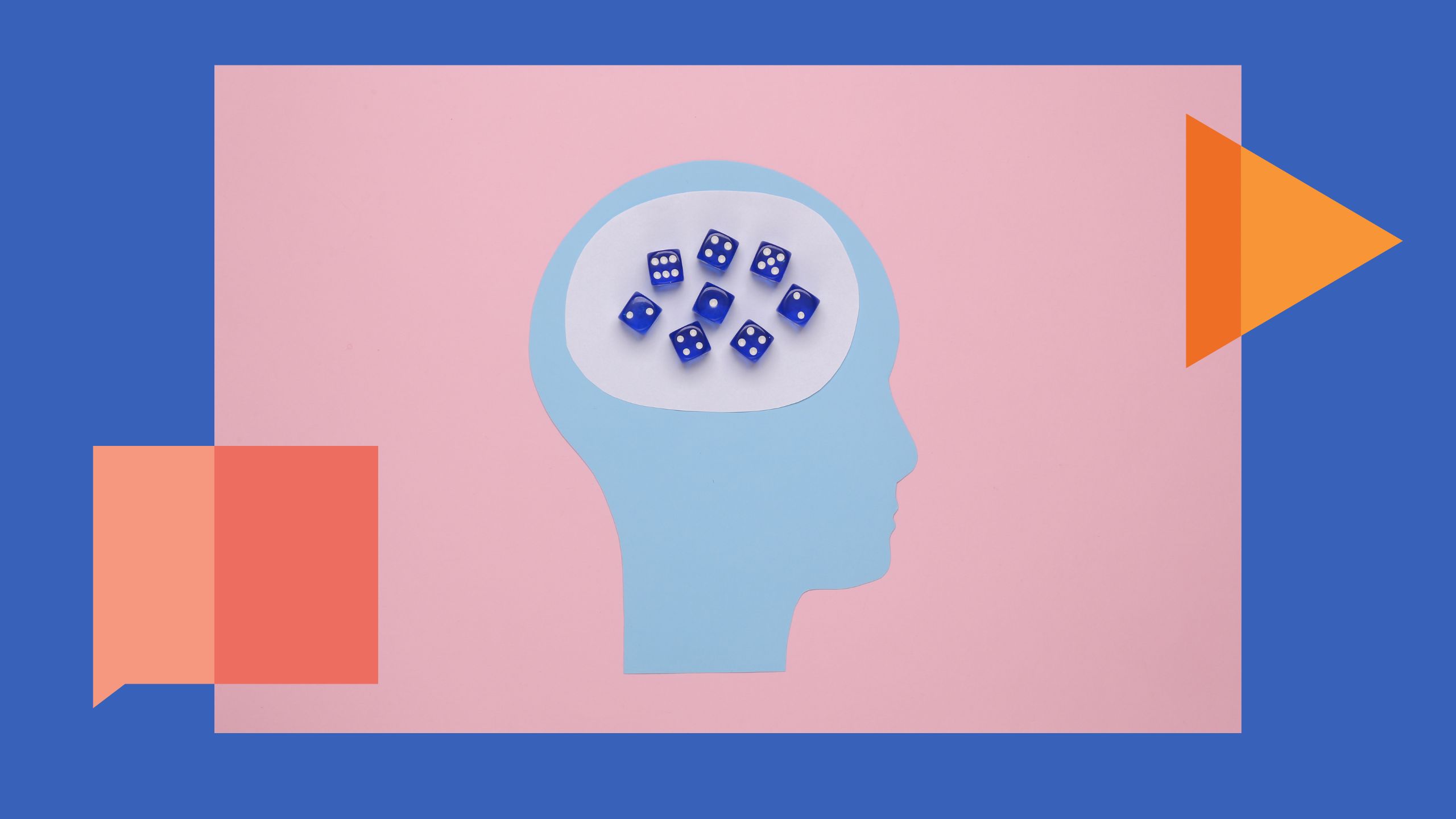 silhouette of human head filled with dice in brain