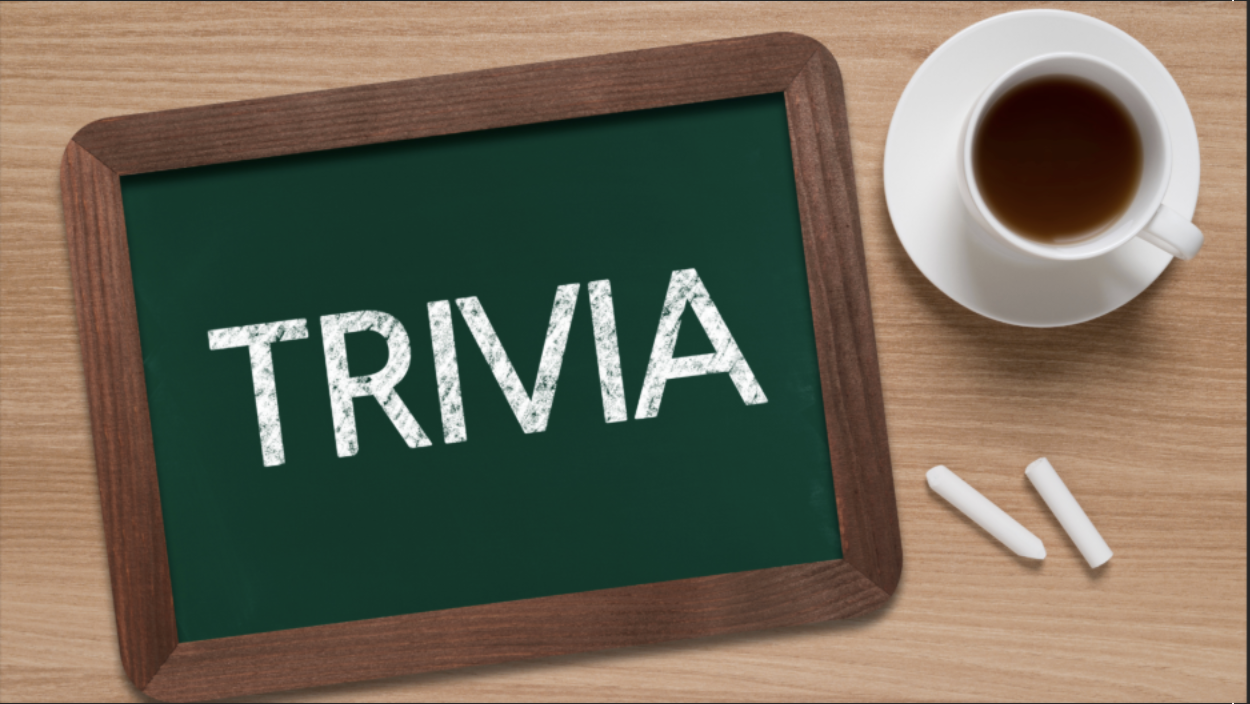 image of a chalkboard on table with the word "Trivia" on it, two pieces of chalk, and a cup of coffee
