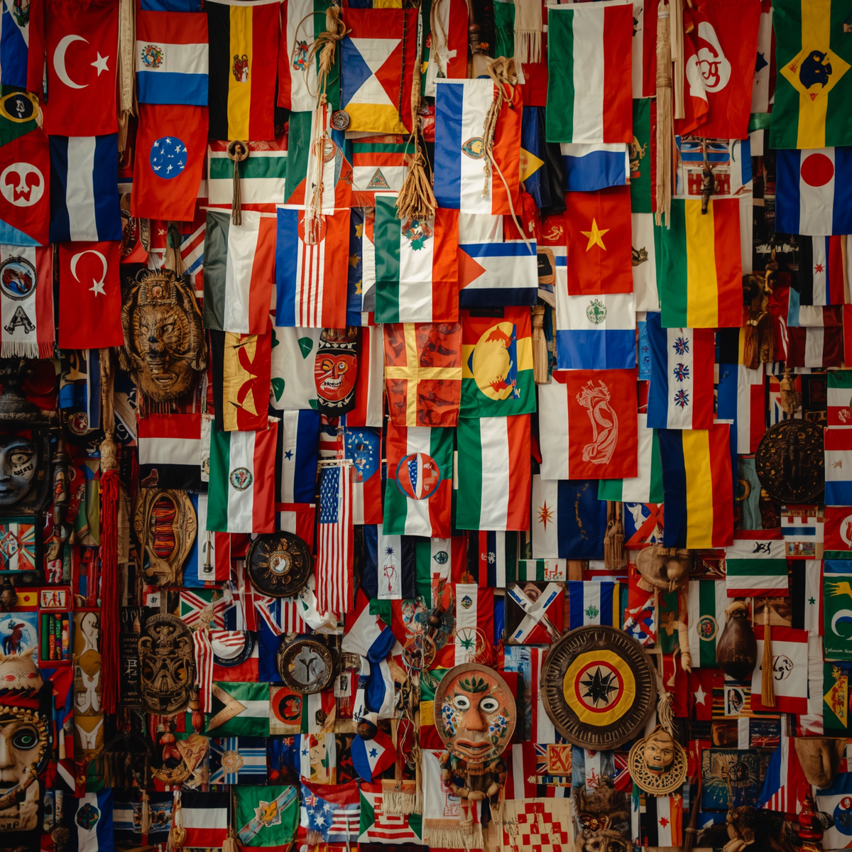 International theme with flags from different countries and cultural items celebrating global diversity and nationality organized and respectful presentation.