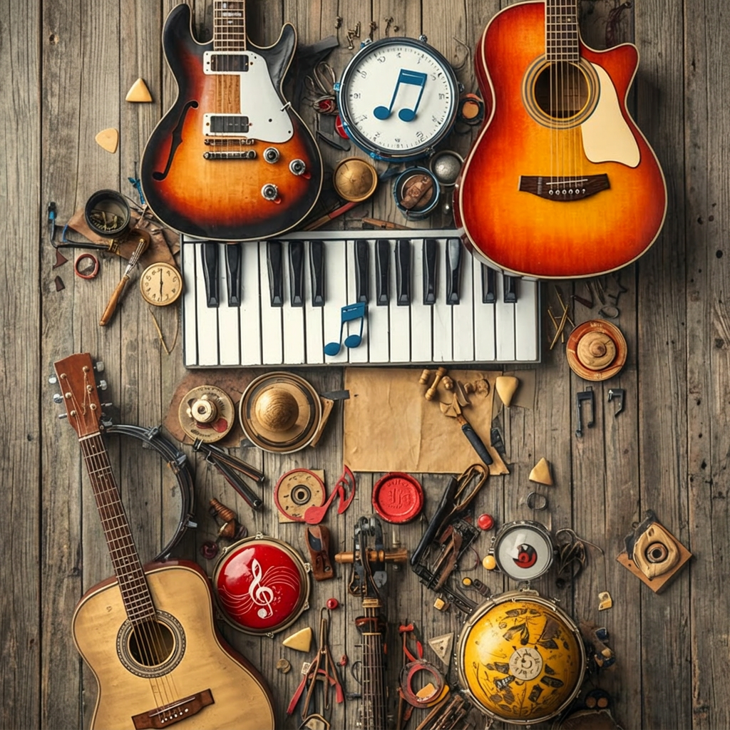 Flat lay of musical instruments, including a keyboard, guitars, drums, and more.