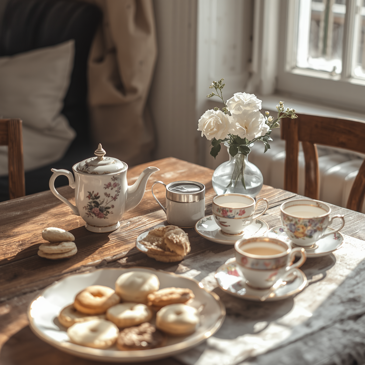 A table laid out with a tea time set up - teapot, teacups, scones, a flower in a vase, and more.