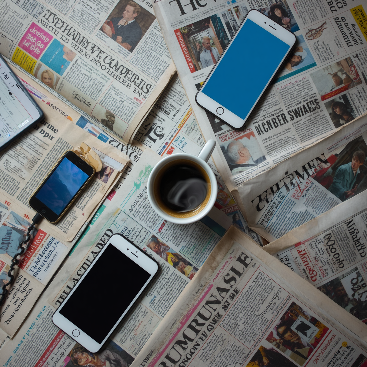 Top down flat lay spread of current events elements newspapers digital devices news media coffee cup organized arrangement from above.